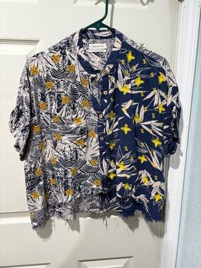 Urban Outfitters Navy, Cream & Yellow Split-Print Button-Front Shirt